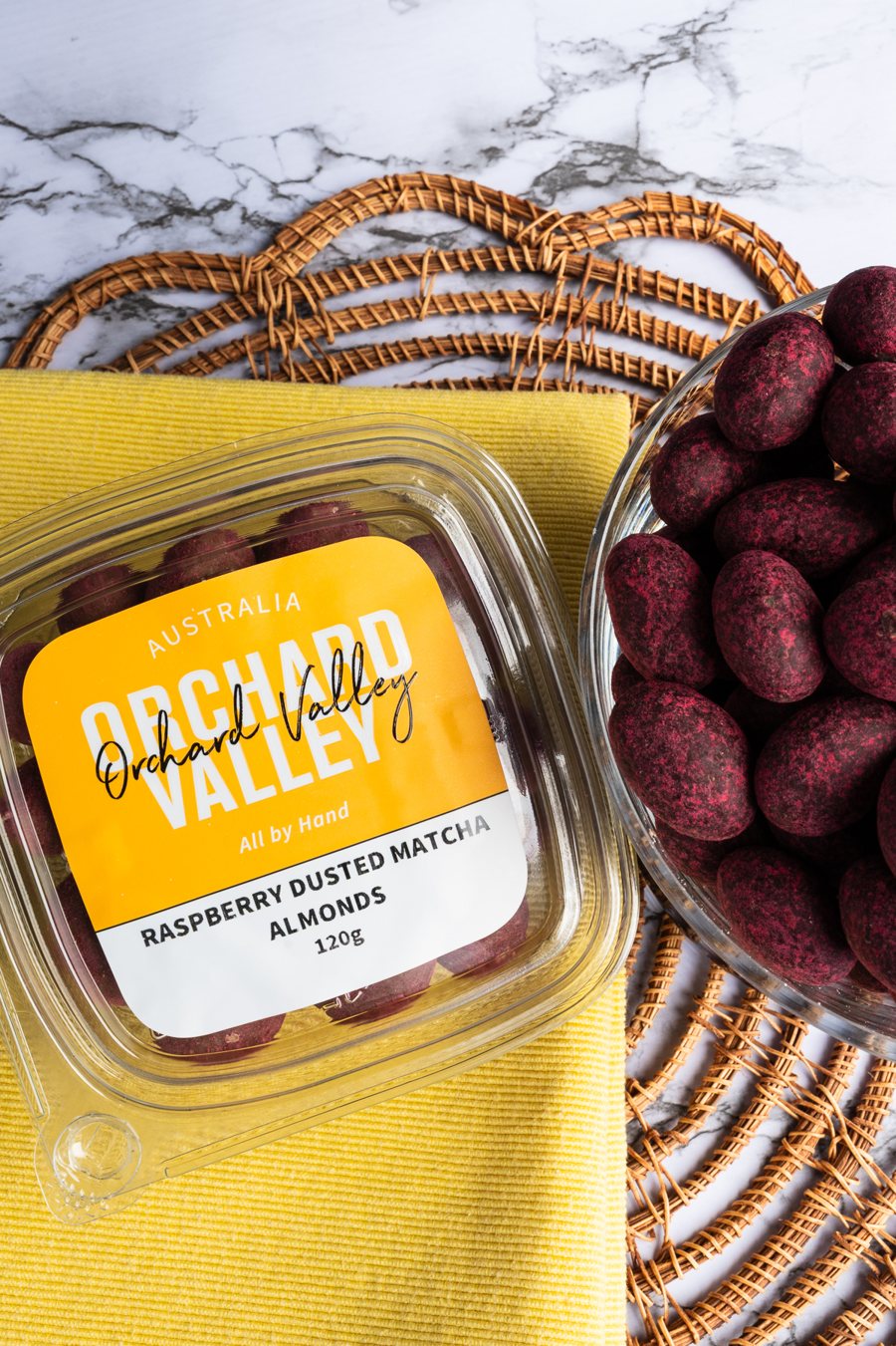 Raspberry dusted matcha almonds